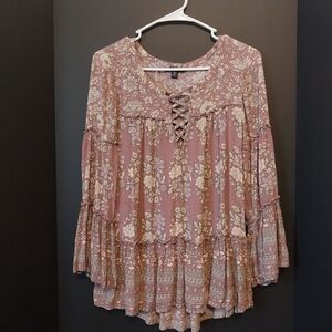 American Eagle Outfitters Pink Bishop Sleeve Long Sleeve V-neck Top